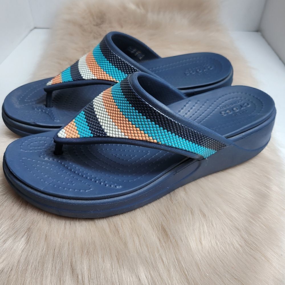 Crocs Monterey Beaded Multicolor Women's Stripe Wedge Flip Flop Sandals